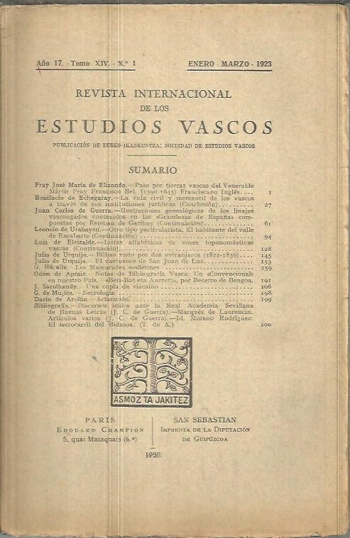 REVISTA INTERNACIONAL DE LOS ESTUDIOS VASCOS. A�O 17. TOMO XIV. N.1.
