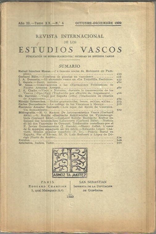 REVISTA INTERNACIONAL DE LOS ESTUDIOS VASCOS. A�O 23. TOMO XX. N.4.
