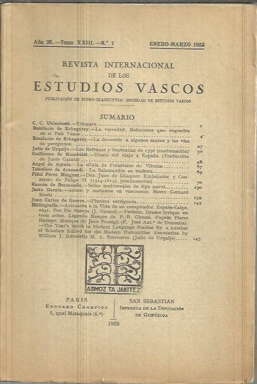 REVISTA INTERNACIONAL DE LOS ESTUDIOS VASCOS. A�O 26. TOMO XXIII. N.1.