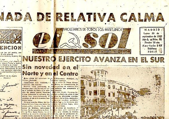 EL SOL. DIARIO DE LA MA�ANA DEL PARTIDO COMUNISTA DE ESPA�A. A�O I. N. 99. 20-SEPTIEMBRE-1937.