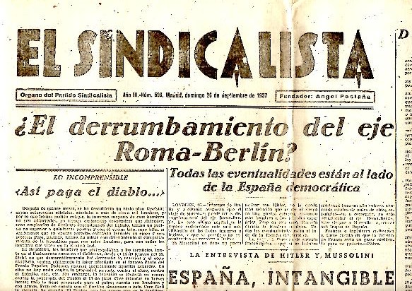 EL SINDICALISTA. ORGANO DEL PARTIDO SINDICALISTA. A�O III. N. 506. 26-SEPTIEMBRE-1937.