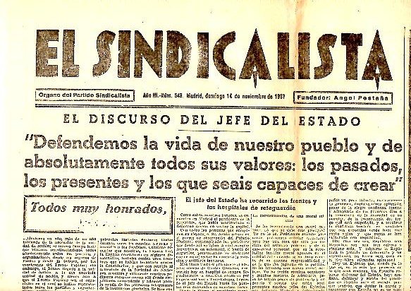 EL SINDICALISTA. ORGANO DEL PARTIDO SINDICALISTA. A�O III. N. 548. 14-NOVIEMBRE-1937.